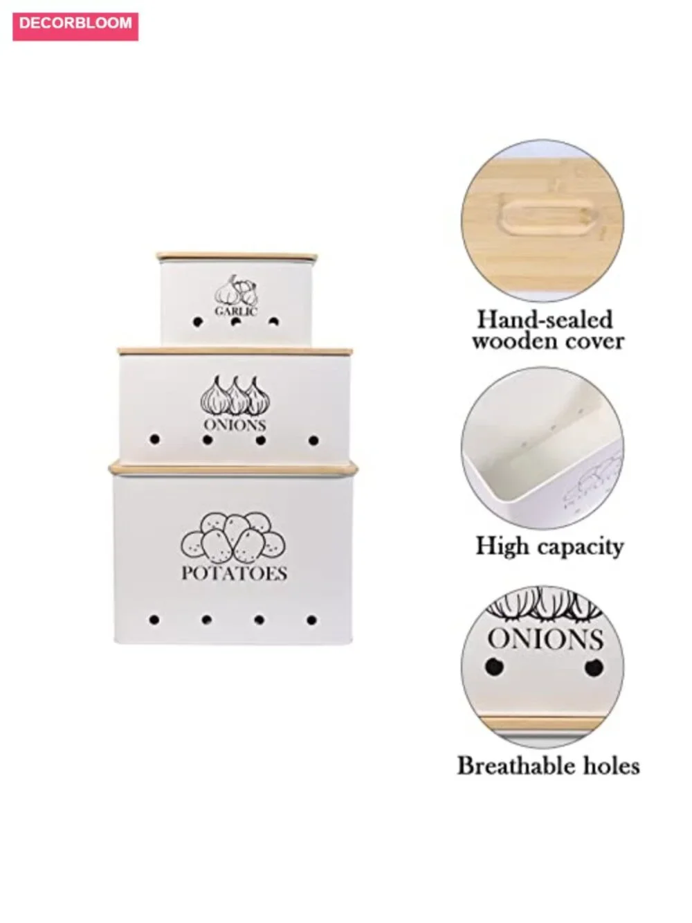 Set of 3 Metal Vegetable Storage Tins with Wooden Lids and Aerating Holes